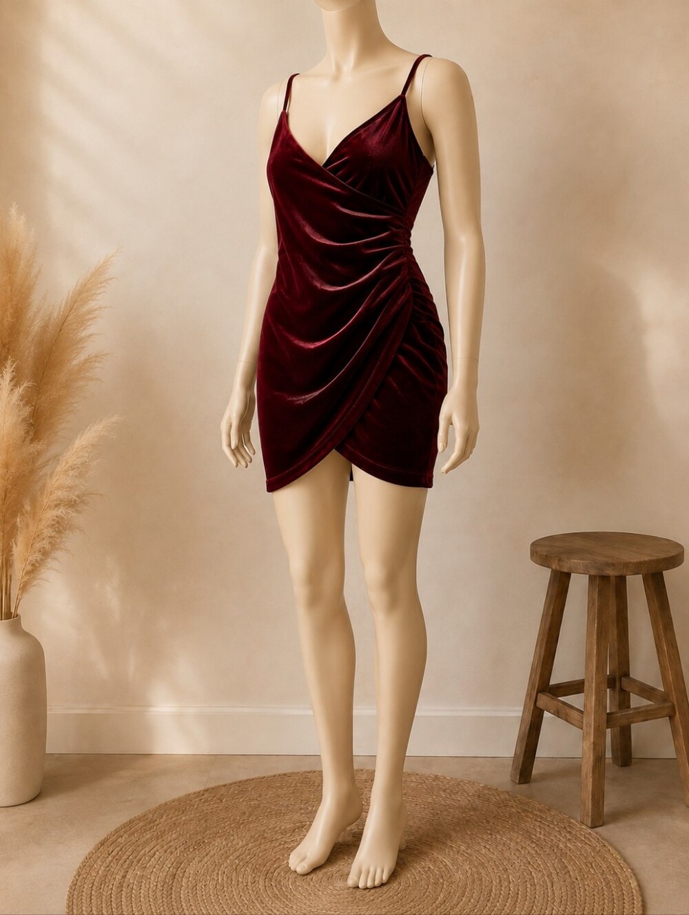 Mistyrose Burgundy Velvet Ruched Asymmetrical Mini Dress Size Large - Picture 2 of 4
